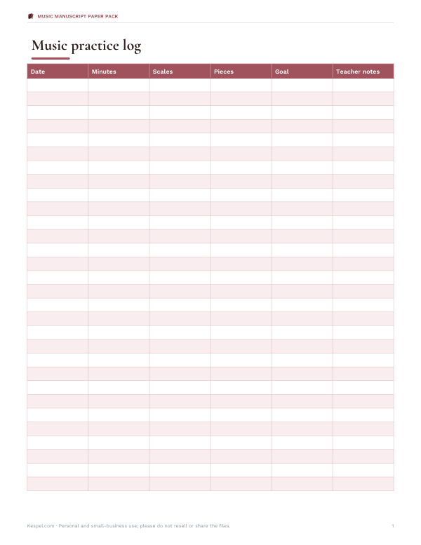 Preview of Printable Music Practice Log